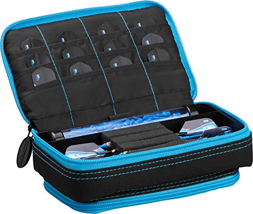 Casemaster Plazma Plus, 3 Dart Case for Soft and Steel Tip Darts Features Large Front Mobile Device Pocket, Built-in Storage Tube and Pockets for Flights, Tips, Shafts, and Personal Items - color: Blue Trim