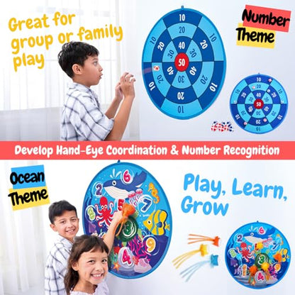 Grip Kids Number & Ocean Theme Double-Sided Dartboard Target Game – 26" Large Dart Board with Sticky Balls & Jellyfish Toss Balls, Indoor/Outdoor Gift Toy for Kids Ages 3–12