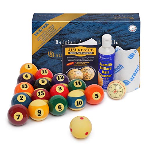 Super Aramith Pro-Cup Value Pack (Super Aramith Pro Billiard Pool Ball Set 2 1/4" with Six Red Dots Pro-Cup Cue Ball, Aramith Micro-Fibre Cloth, Aramith Ball Cleaner, Jim Rempe 2 1/4" Training Ball)