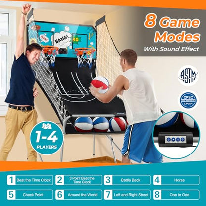 GYMAX Arcade Basketball Game Indoor Foldable with 8 Game Modes, Arcade Sound, 4 Balls and Inflation Pump, Electronic Basketball Games for Home - color: Green