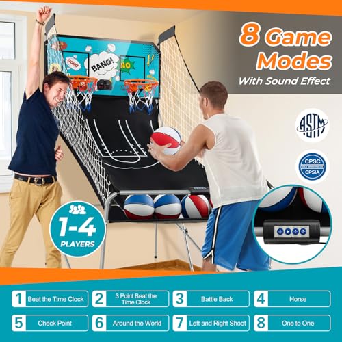 GYMAX Arcade Basketball Game Indoor Foldable with 8 Game Modes, Arcade Sound, 4 Balls and Inflation Pump, Electronic Basketball Games for Home - color: Green