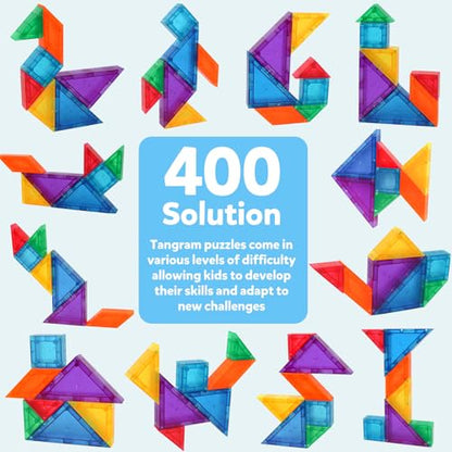 Magnetic Tangram Puzzle with 3D Building Blocks, Road Trip Essentials Travel Tangram with 400 Solution Montessori Travel Toys for Kids Magnetic Puzzles Brain Teasers Gifts for Kids Adults - style: 400 Solution