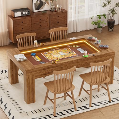 PAKASEPT Board Game Table with Removable Table Top, Gaming Table with LED Lights, Seats 4 to 6 Players with Detachable Hobby Tray for Card Games, DND, Poker, Building Blocks
