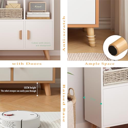 OSCHF Cubby Shelf Bookcase with Doors - Wooden 8 Cube Floor Standing Open Bookshelf with Solid Wood Legs, 2-Tier Low Storage Cabinet, Warm White - color: Warm White
