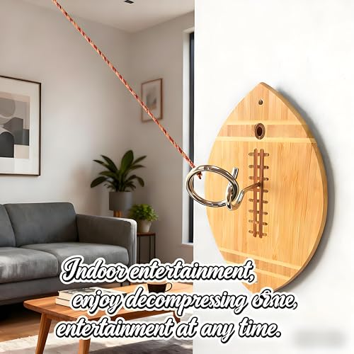 Ring and Hook Toss Game - 13-Inch Bamboo Rugby Ball Design, Rope & Hook Included, Indoor & Outdoor Use, Ideal for Men's Lounge Decoration/Party Entertainment/Family Gathering Toy