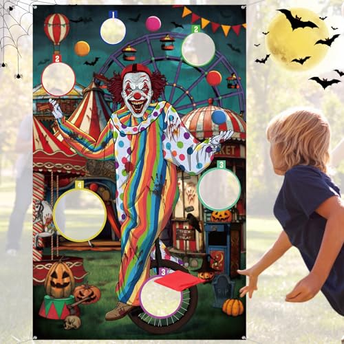 WovWeave Halloween Toss Game Banner with 3 Bean Bags Scary Clown Toss Banner Halloween Carnival Party Throwing Game for Kids Adults Trick or Teat Circus Party Favors Supplies