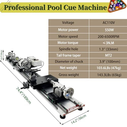 Professional Pool Cue Lathe Machine Billiard Cue Repair Lathe Machine | Multi-Functional Snooker Cue Tip Repair Kit, Brushless Motor, for Pool Stick, 200-6500RPM, Double Track Chuck, 550W 110V
