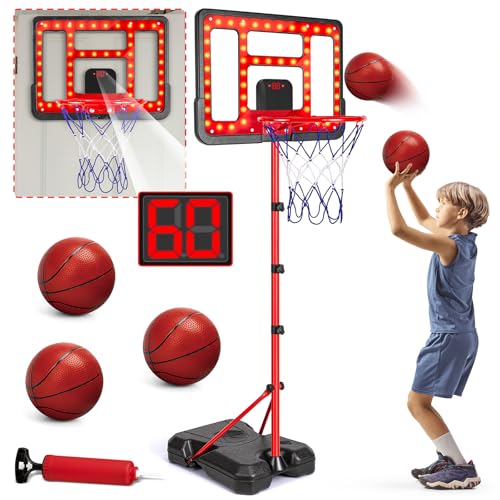 Kids Basketball Hoop Adjustable Height 3.5FT-6.2FT, Indoor Outdoor Toddler Basketball Hoop with LED Scoreboard, Boys Basketball Toy for 3 4 5 6 7 8 Years Gift, Portable Basketball Goals Sport Game - style: Red Basketball Hoop with Scoreboard