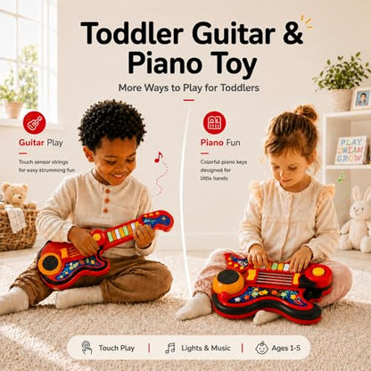 Toddler Guitar Toy for Boys & Girls 1-3, 4-in-1 Touch & Play Kids Guitar Piano Musical Toy with Projector Light, Drum, Lullabies & Volume Control, First Guitar Birthday Gift for Kids & Babies Ages 1-5 - color: Red
