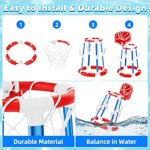 Pool Basketball Hoop with Backboard, Floating Pool Toys for 3-12 Years Old Kids Ring Game with 4 Balls 8 Rings & Pump Outdoor Swimming Pool Basketball Games Water Play Toy Family Party for Kids Adults - style: Red with Backboard