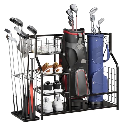 GarveeLife Golf Bag Organizer, Sports Equipment Organizer, Sports Organizer for Garage, Golf Bag Stand for Garage with Baskets, Hooks