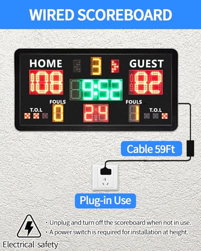 Large Electronic Scoreboard with Panel Control,Wall-Mounted Digital Scoreboard & Timer,Basketball Shot Clock 14/24 Second & Custom Time,Score Keeper with LED Display, 110dB Loud Buzzer