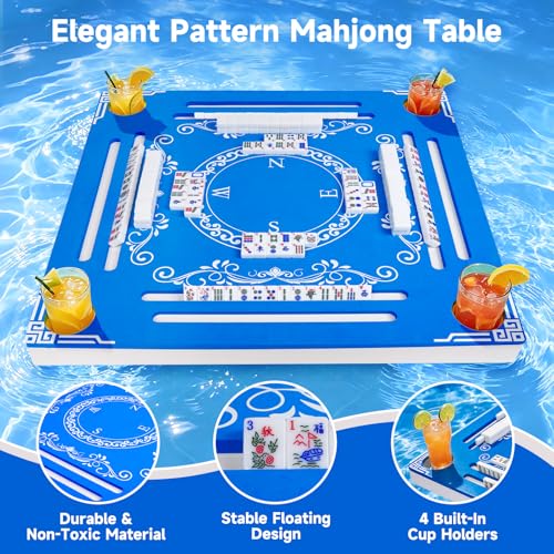 32" Double-Sided Floating Mahjong Table for Pool, Floating Mahjong Mat, Water Game Table for Mahjong Poker Card Dominoes Scrabble Board, Games Tray for Swimming Pool Hot Tub Beach Summer Party - color: Blue