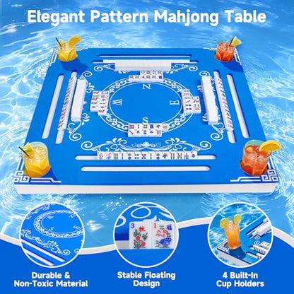 32" Double-Sided Floating Mahjong Table for Pool, Floating Mahjong Mat, Water Game Table for Mahjong Poker Card Dominoes Scrabble Board, Games Tray for Swimming Pool Hot Tub Beach Summer Party - color: Blue