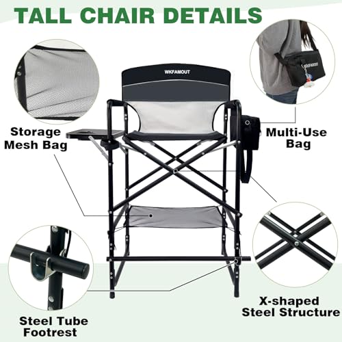 Tall Folding Director Chair 30.7" Seat Height Foldable Bar Stool for Makeup Artist Face Painting with Side Table Carry Bag and Cosmetic Bag Supports 250LBS - color: Black