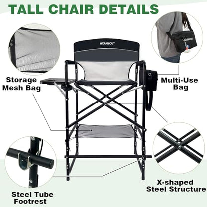 Tall Folding Director Chair 30.7" Seat Height Foldable Bar Stool for Makeup Artist Face Painting with Side Table Carry Bag and Cosmetic Bag Supports 250LBS - color: Black