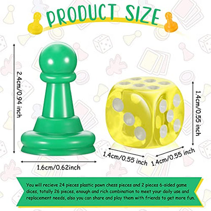 26 Pieces Multicolor Board Game Pieces and Dice Include 24 Multicolor Plastic Pawn Chess Pieces and 2 Plastic 6-Sided Game Dices, Chess Game Pieces Dice Set for Board Game Components Table Marking