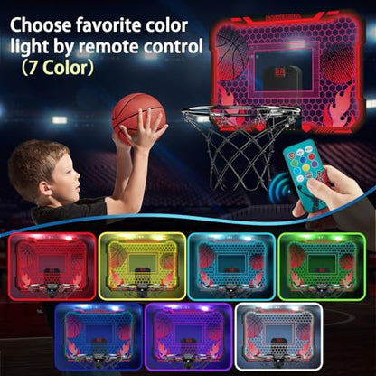 VROGTIK Indoor Basketball Hoop for Kids with Led Lights Mini Basketball Hoop with Remote Control Over The Door Basketball Hoops with Scoreboard Basketball Toys for 4-12 Year Old Boys Girls - style: Red with Lights