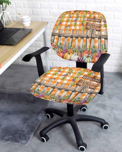 Savannan Office Chair Cover, Fall Leaves Thanksgiving Pumpkin Protective Stretch Elastic Universal Cover for Desk Task Chair,Computer Rotating Chair 1 Pcs Farm Fence Orange Plaid