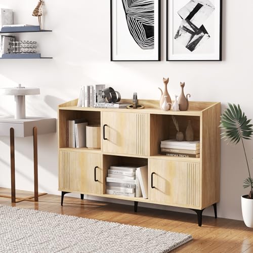 LOKO 47” Wide Storage Cabinet, Large Bookcase with 3 Door Cabinets & Open Shelves, Wood Buffet Cabinet, Sideboard with Anti-tip Kits, Freestanding Storage Cabinet for Living Room, Dining Room