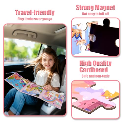 Magnetic Puzzles for Kids 3-5, 3-in-1 Princess Unicorn Mermaid Travel Puzzles for Kids Ages 4-6, Car Airplane Road Trip Activities Toys, Gifts for Girls