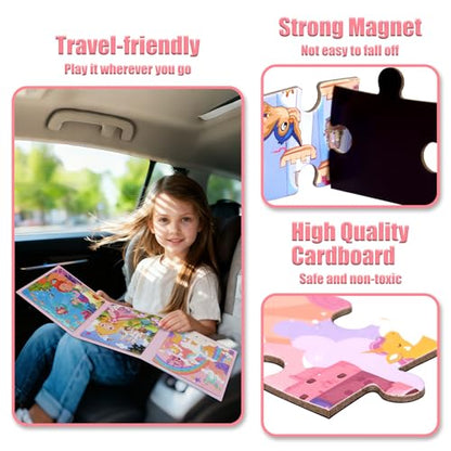 Magnetic Puzzles for Kids 3-5, 3-in-1 Princess Unicorn Mermaid Travel Puzzles for Kids Ages 4-6, Car Airplane Road Trip Activities Toys, Gifts for Girls