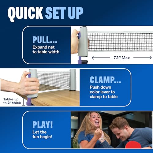 PRO-SPIN Portable Ping Pong Set with Retractable Ping Pong Net for Any Table, All-in-One Table Tennis Set with Ping Pong Paddles, Balls & Case, Table Top Family Game - color: 2-Player Set | Purple/Blue