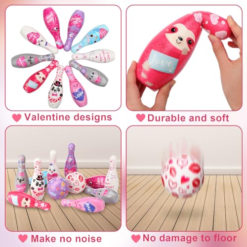 Syhood 12 Pcs Valentine‘s Day Bowling Set 10 Foam Pins and 2 Balls Valentine Game Heart Owl Animal Bowling for Valentine Holiday Party Activity Indoor Outdoor