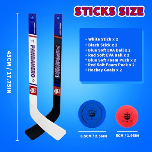Pandahero Mini Hockey Net Set for Kids – Indoor Knee Floor Hockey Kit with 2 Goals - 27.5" x 18.3", 4 Mini Sticks & 8 Soft Foam Balls and Pucks – Indoor Toy Set for Boys & Girls