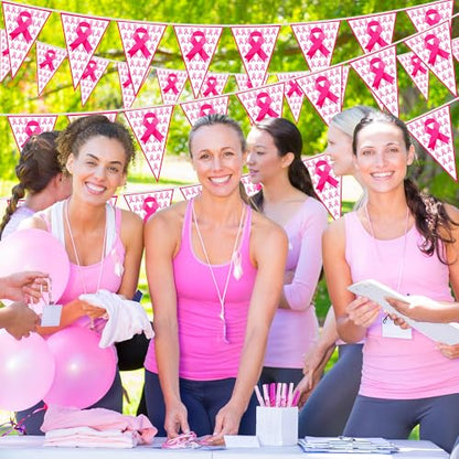 100 FT Breast Cancer Awareness Decorations, 3 Pack Pre-assemble Pink Ribbon Pennant Banner Flags, 60 PCS Plastic Pennants Flags Indoor Outdoor Party Supplies Home Office Ceiling Wall Hanging Decor - style: Breast Cancer