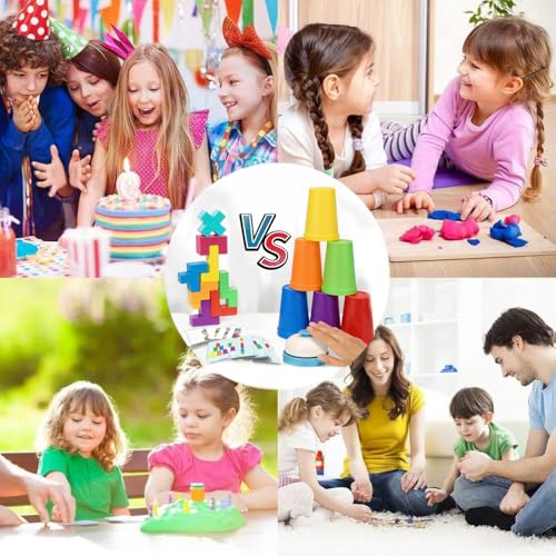 Cup Stacking Game Set with Cards and Bell, Quick Stack Speed Game + Building Blocks Puzzle 2-in-1, Family Party Game for Kids Ages 3-8, STEM Educational Toy 48 Pieces