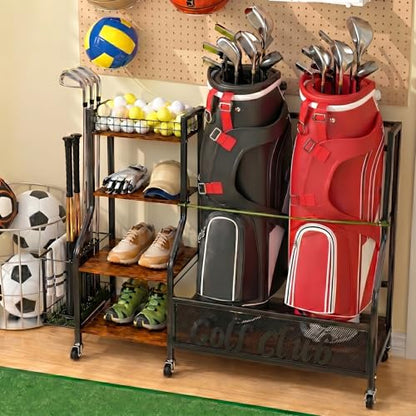 HavenlyYouth Golf Bag Storage Organizer for Garage – Fits 2 Bags, 360° Swivel Wheels, Wood Shelves, Anti-Tip Straps