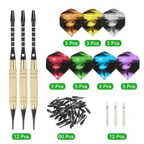 PATIKIL Soft Tip Darts Set Darts Plastic Tip 12 Pack 18 Gram with 60 Extra Plastic Dart Tips 21 Dart Flights 12 Plastic Shafts for Electronic Dart Board