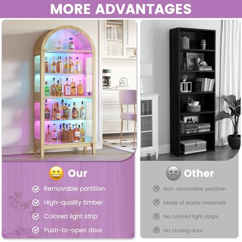 Gurexl 5-Tier Arched Glass Display Cabinet, Motion Sensor RGB LED Showcase with Music Sync Light & Adjustable Shelves, Tempered Glass Curio Cabinet for Action Figures Trophies Collectibles, Wood - color: Wood-80008a