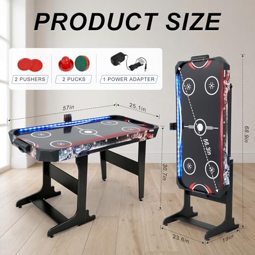 RAYKEEP 57 Inch Foldable Air Hockey Table with LED Lights, Indoor Arcade Game Table w/ 2 Pushers, 2 Pucks, Powerful 12V Motor for Kids & Adults, Home Game Room Office