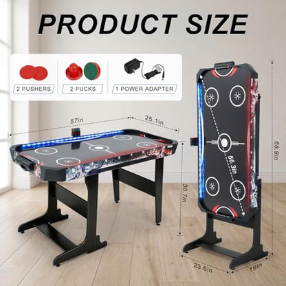 RAYKEEP 57 Inch Foldable Air Hockey Table with LED Lights, Indoor Arcade Game Table w/ 2 Pushers, 2 Pucks, Powerful 12V Motor for Kids & Adults, Home Game Room Office