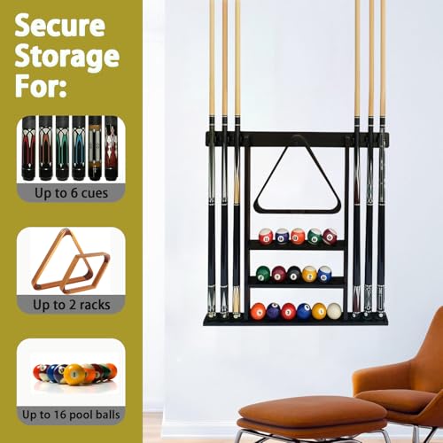 SUPERDIAMOND 6 Holes Wall Mounted Pool Cue Rack, Wood Billiard Stick Holder Holds 6 Cues for Pool Table Accessories, Heavy-Duty Billiards Storage Rack Stand Display for Game Room,Black - size: 6 Cues, style: SU-wa6-Cue Racks-black