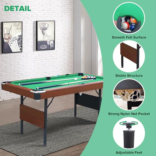 Ditkoko Billiard Table, 64" Folding Pool Table with with Balls, Cues, Chalk, Brush and Triangle, Pool Table Set for Family Game Room, Adult Rrec Room, Basements, Man cave or Garage - color: Green & Brown