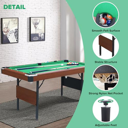 Ditkoko Billiard Table, 64" Folding Pool Table with with Balls, Cues, Chalk, Brush and Triangle, Pool Table Set for Family Game Room, Adult Rrec Room, Basements, Man cave or Garage - color: Green & Brown