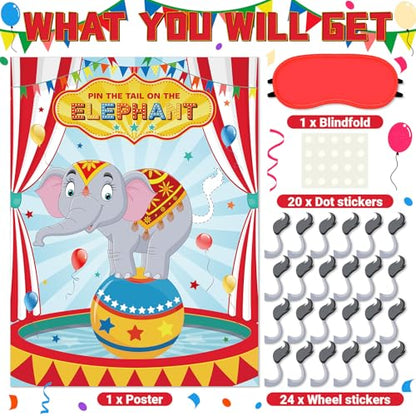 Faccito Carnival Circus Party Games Pin The Stickers on The Large Poster with 24 Pcs Stickers Blindfold Carnival Pin Game Set for Circus Birthday Party Decorations Activities Supplies(Elephant) - style: Elephant