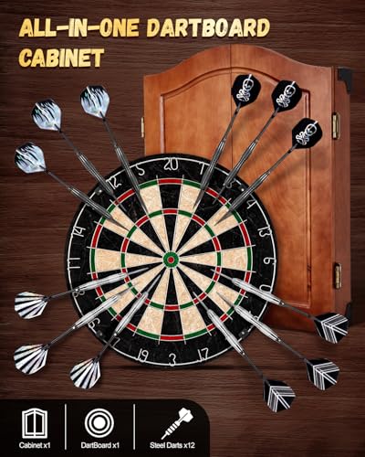 Sisal Dart Board Cabinet Sets, Decorative Dart Boards for Adults [6*Steel Darts] - Wooden Dartboard Cabinet with Integrated Scoreboard for Family Game Rooms - style: APRICOT