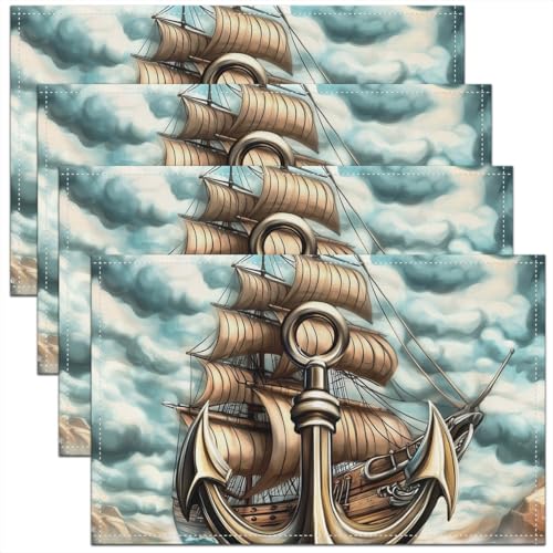 Erosebridal Anchor Placemats Set of 4 12x18 Sailboat Place Mat for Kids Teens Men Ocean Nautical Sea Waves Adventure Teal Blue Heat Resisting Table Mats - color: Teal Blue