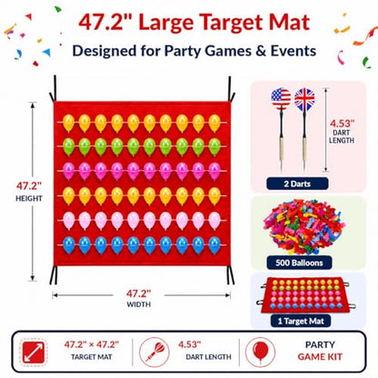 Balloon Dart Board, Carnival Fair Balloon Pop Game, Balloon Dart Game Board Set with 2 Darts & 500 Balloons, Classic Target Game for Birthday Parties, Carnivals (Straight)