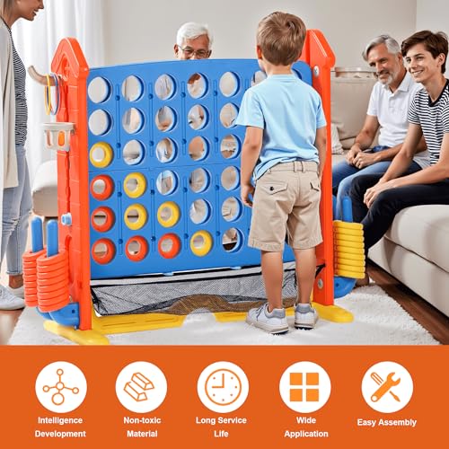 4-to-Score Giant Game Set, 4-in-1 Indoor Outdoor Yard Family Connect Game (4-in-a-Row + Basketball + Ring Toss + Mini Golf), Height Adjustable 2.5–3.3FT, Includes Carry Bag - size: 43"x16"x38"-Orange&Blue