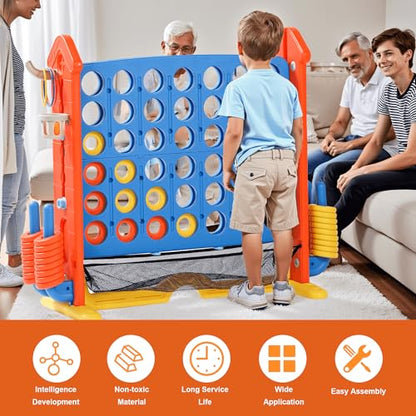 4-to-Score Giant Game Set, 4-in-1 Indoor Outdoor Yard Family Connect Game (4-in-a-Row + Basketball + Ring Toss + Mini Golf), Height Adjustable 2.5–3.3FT, Includes Carry Bag - size: 43"x16"x38"-Orange&Blue
