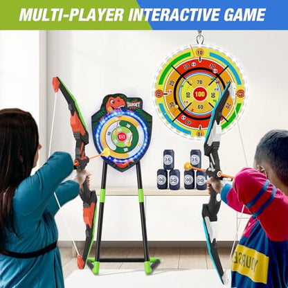 HYES 2 Pack Kids Bow and Arrow with 29" Large Dart Board, LED Light Up Archery Set with 24 Suction Cup Arrows, Indoor Outdoor Sport Toys Gifts for 3 4 5 6 7 8 9 10 11 12 Year Old Boys Girls - size: 2 pack-led dartboard target