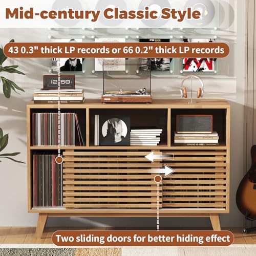 47" Large Record Player Stand with Sliding Doors, Mid Century Modern Vinyl Record Storage Display Cabinet Up to 350 LPs, Turntable Media Console for Living Room (Oak)