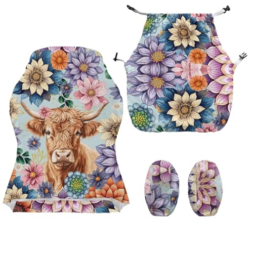 Highland Cattle Print Gaming Chair Covers Slipcovers with Armrest Covers Boho Mandala Flower Print Office Desk Chair Cover Scratch Proof Anti-Dust Universal Fit - color: Multi - Highland Cattle Boho Mandala Flower