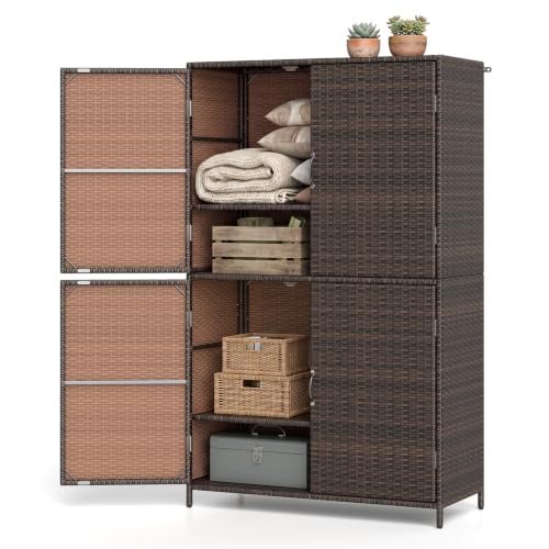 Tangkula Rattan Outdoor Storage Cabinet with 2 Adjustable Shelves | Patiojoy Outdoor Cabinet with Adjustable Shelves, 4 Doors, Patio Storage Deck Box Table for Patio Garden Poolside, Mix Brown - color: Mix Brown, size: 35.5" x 16" x 58"