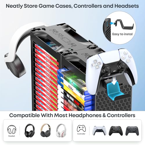 Kytok Video Game Disc Rack Tower Video Game Storage Universal for PS5/PS4/ XBOX One/Series/Nintendo Switch Game, Game Organizer Shelf Display Stand for Wall Mount/Desk/Floor with Controller Holder - size: 4-Tier